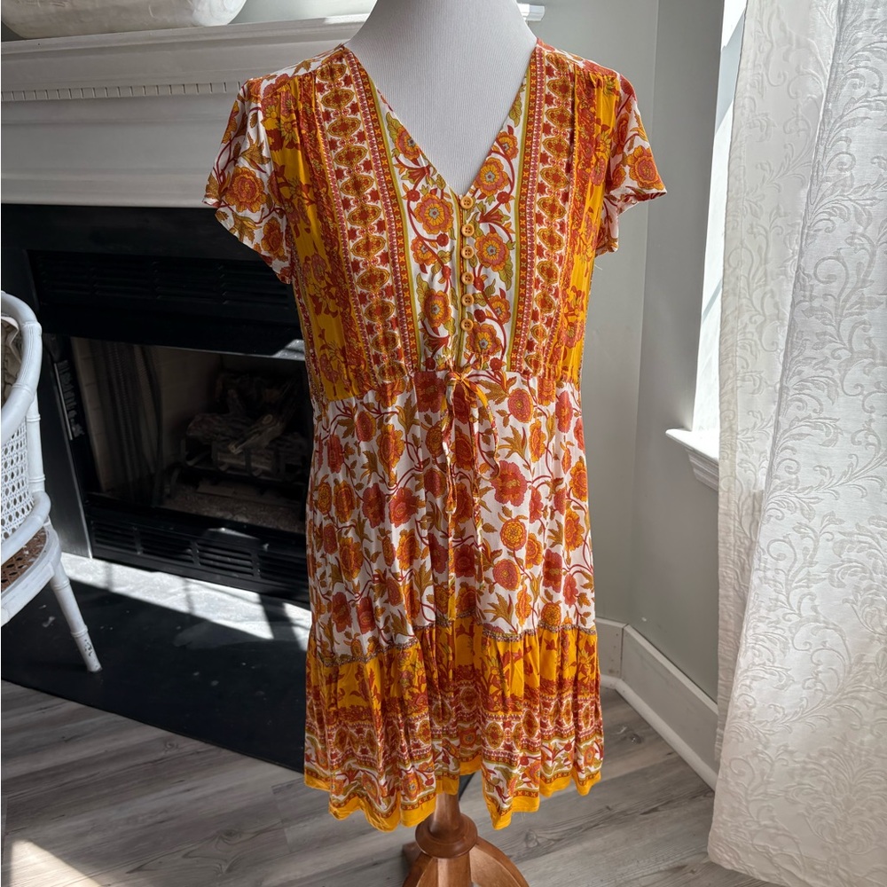 Entro Floral Midi Dress in Orange and Yellow